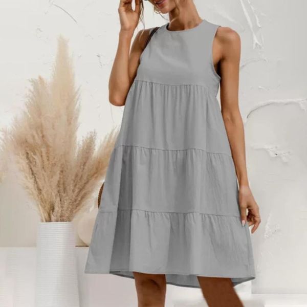 

women's swimwear summer casual solid dresses women sleeveless leisure o-neck simple short sleeve a-line dress loose beach midi, White;black