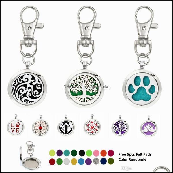 Chave anéis jóias árvore da vida redonda nuvem difusor de aroma de óleo essencial por medalhão com fecho de lagosta chaveiro keyring 5 pcs almofadas de cor cair