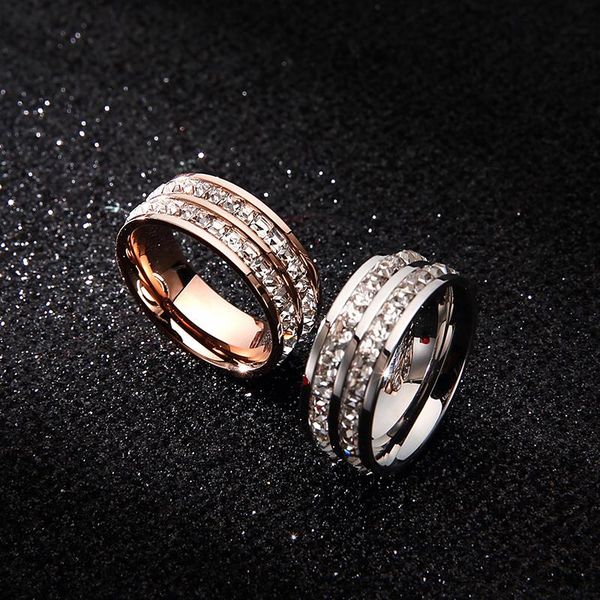 

wedding rings yun ruo rose gold color luxury double row zirconia cz for woman man 316 l stainless steel jewelry prevent allergy, Slivery;golden