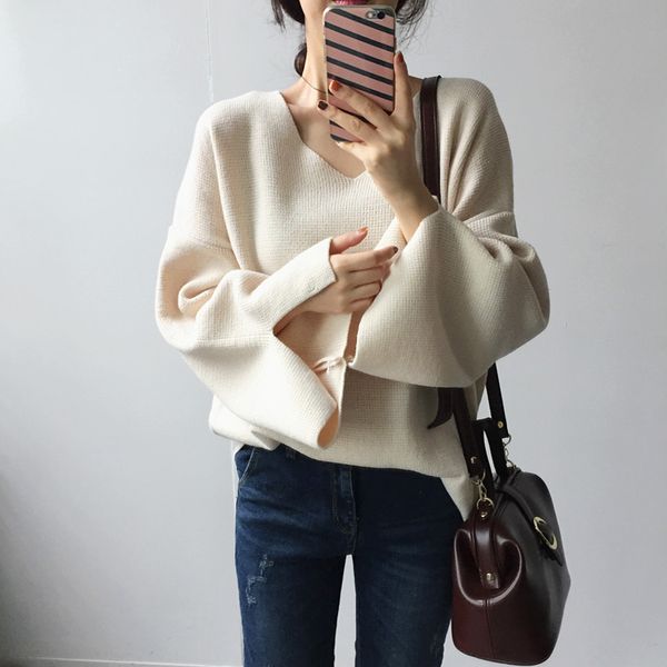 

2 colors korean chic style autumn and Winter solid color flare sleeve thick knitted Sweater and pullovers womens (C8946), White;black