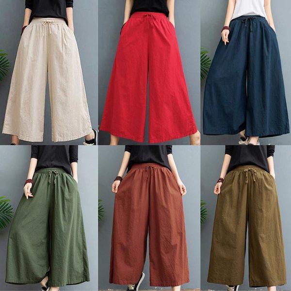 

women's pants & capris 2021 loose cotton and linen wide-leg summer thin eight-point casual culottes cool leggings, Black;white