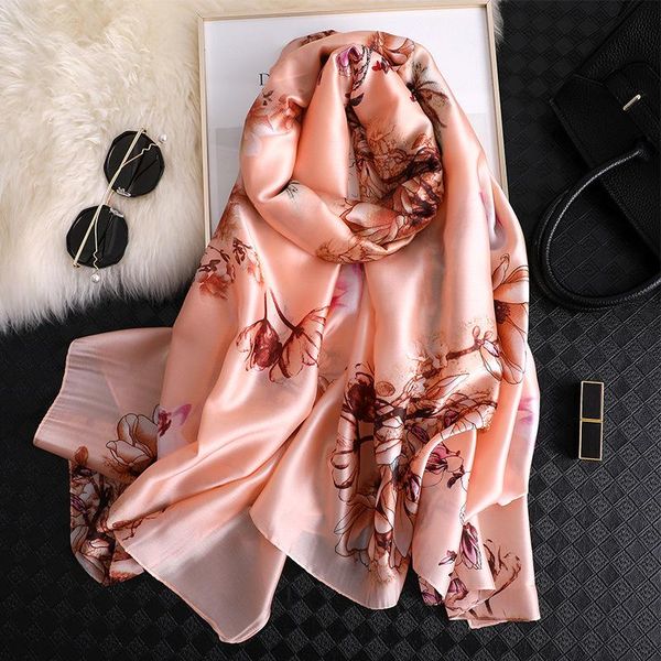 

scarves women imitation silk scarf magnolia flower print shawls office lady soft wraps female headscarf beach towel gift 90x180cm, Blue;gray