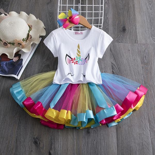 

summer girls unicorn clothing set girl dress baby kids princess pettiskirt party dance birthday rainbow tutu dresses, Red;yellow