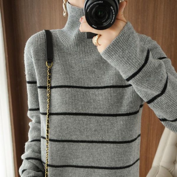 

women's sweaters winter casual striped long sleeve turtleneck female pullover 100% wool knitted clothing jumper fit outwear, White;black