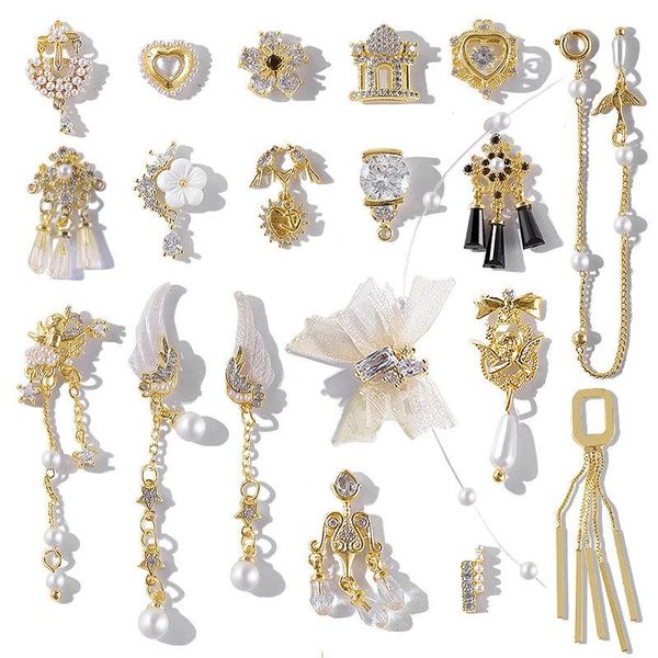 

nail art decorations 1pcs pendant chain 3d alloy heart angel wings zircon pearl metal manicure nails diy accessories decoration, Silver;gold