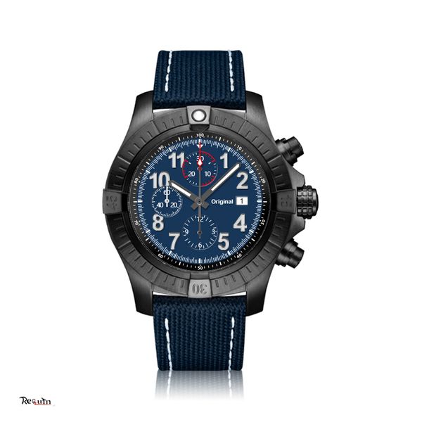 

men's quartz mechanical chronograph watch 316 stainless steel black case blue calendar dial brand requin leather strap avenger, Slivery;brown