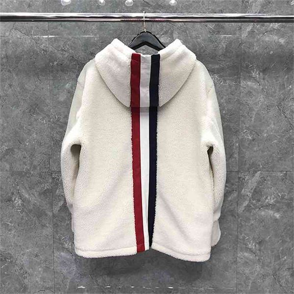 

downs fashion tb thom brand jacket men zipper cardigans clothing thick winter hooded striped loose fur one casual coat, Black