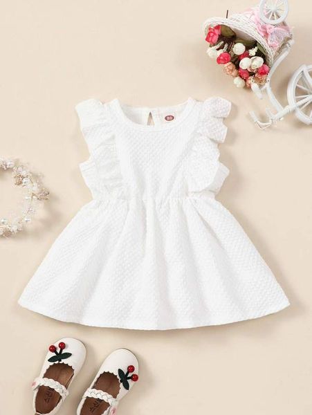 

baby ruffle trim keyhole back textured dress she, Red;yellow