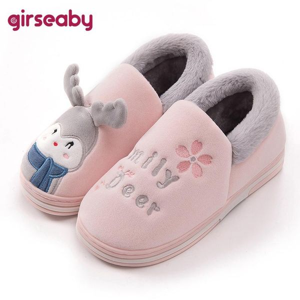 

girseaby women slippers flock no-slip cartoon deer couple indoor plush warm big size 36-45 comfortable christmas f1064, Black