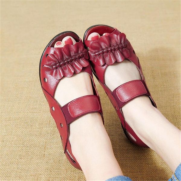 

mother summer hollow out women shoes genuine leather flat sandals casual soft peep toe paltform ladies zapatos de mujer, Black