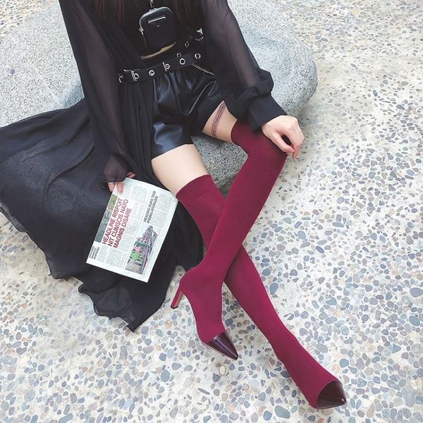 

2021 design women's pointed toe patchwork elastic square toe shoes over the knee boots thigh long high heel boots 1, Black