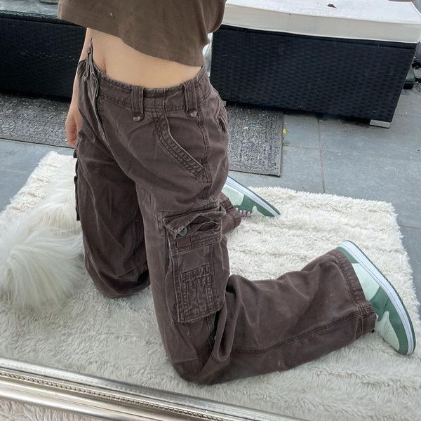 

women's pants & capris vintage jeans women cargo streetwear brown straight woman high waist female wide leg trousers ladies, Black;white