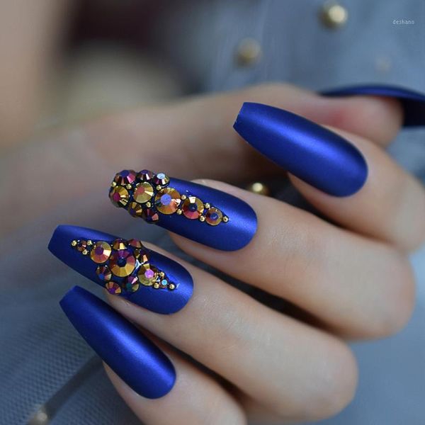 

long matte royalblue attractive nail art tips 3d diamond unique full fingernails customize luxury press on nails 24pcs1, Red;gold