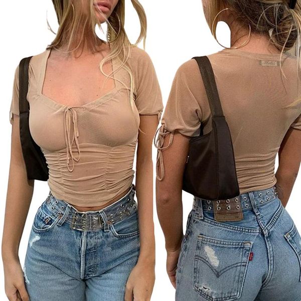 

women's t-shirt short sleeve lace up u-neck pleated waist solid color summer for female, White