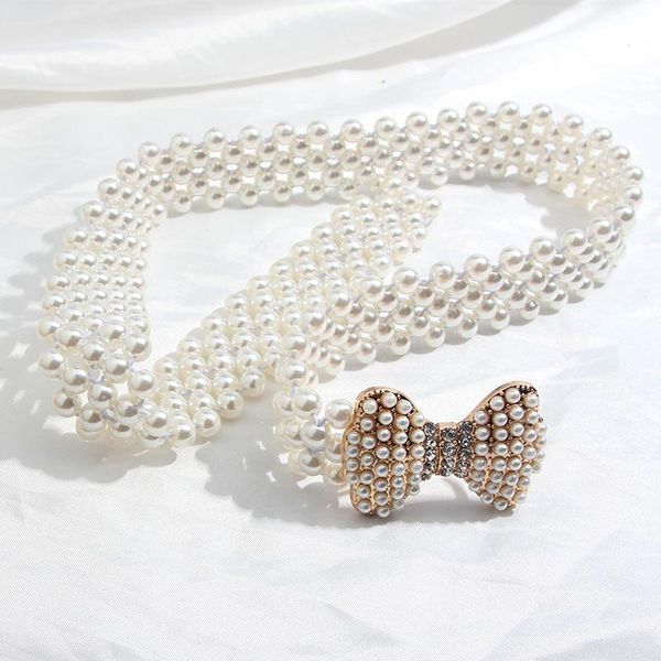 

belts just feel 2021 women pearl waist belt flower elastic buckle chain girl dress crystal strap accessories, Black;brown