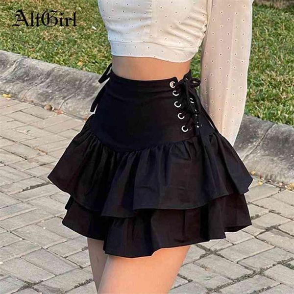 AltGirl Streetwear Alışveriş Merkezi Goth Etek Kadın Harajuku Y2K E-Kız Yüksek Bel Bandaj Mini Etek Koyu Gotik Punk Emo Alt Kulübü Giymek 210721