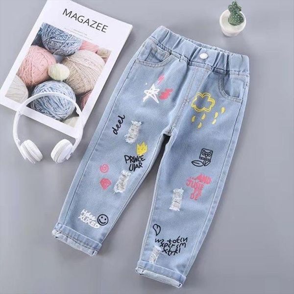 

girls jeans pants spring and autumn baby printed childrens loose trousers 2 6 years, Blue