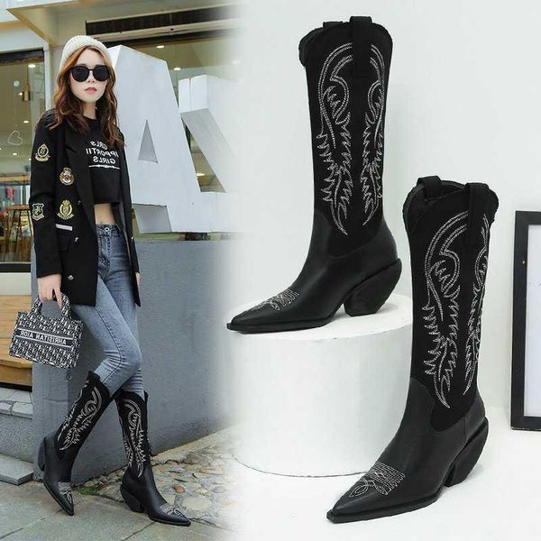 

boots net red same embroidered women autumn 2021 thick heel long tube denim, Black