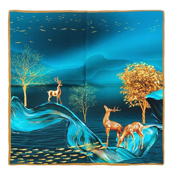 

scarves 2021 fashion 100% silk satin hair scarf women handkerchief printed female bandana hijab foulard office neckerchief 53cm, Blue;gray