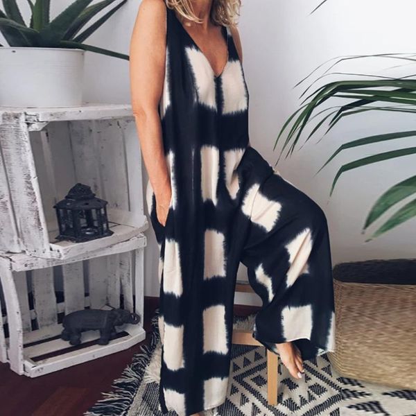

women's jumpsuits & rompers fashion plaid vintage sleeveless loose playsuits casual trousers 2021 wide leg pants women plus size overal, Black;white