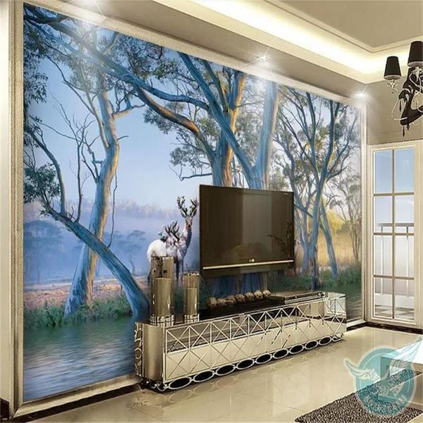 

custom 3d po wallpaper mural room sofa tv backdrop living bed forest tree elk oil painting picture wallpapers