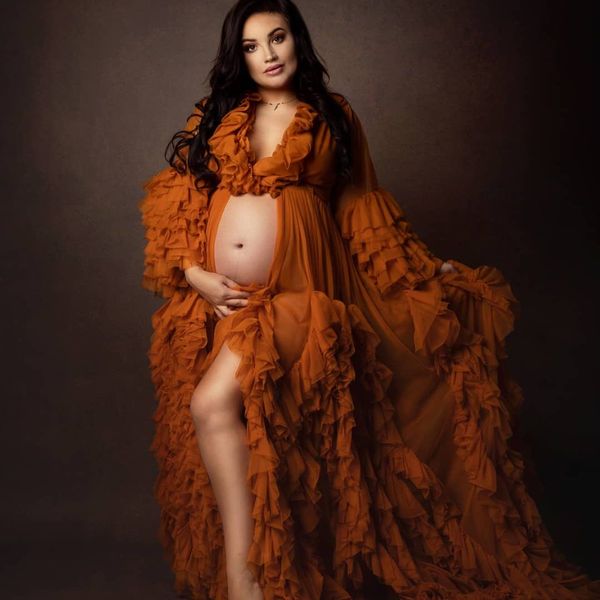 

orange evening dresses p shoot custom made chiffon maternity robes women gowns fluffy ruffle robe formal party dress, Black;red