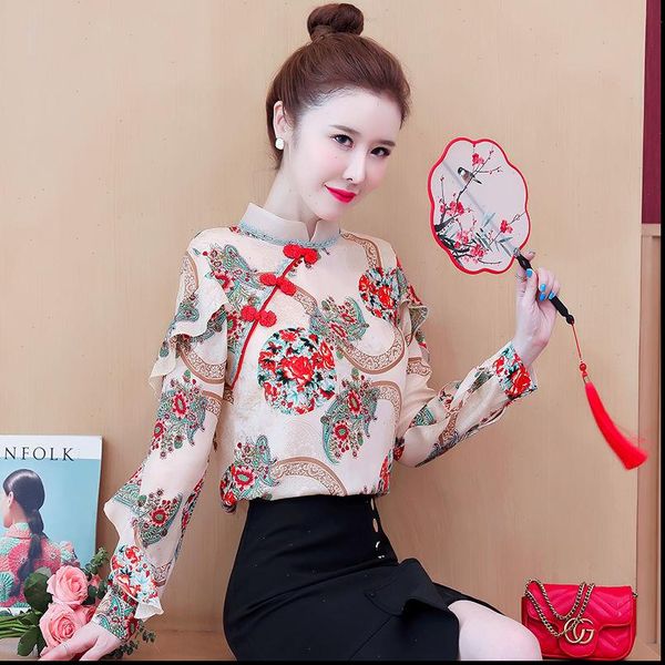 

womens shirts chinese styles elegant buckle printed dragon women ruffles blouse shirt chiffon blusas mujer de moda, White