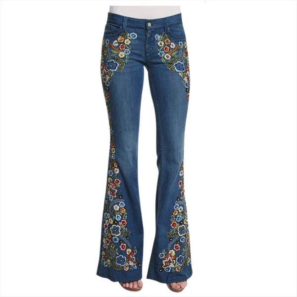 

floral flower embroidery pathcwork women jean stretchy flare pants high waist bell street long vaqueros mujer, Blue