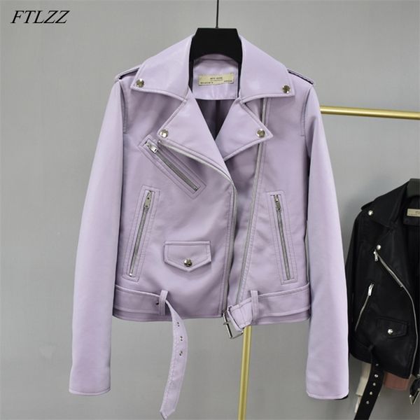 Herbst PU Faux Weiches Leder Kurze Jacke Frauen Casual Drehen Unten Kragen Moto Biker Zipper Lose Lila Mantel mit Gürtel 210430