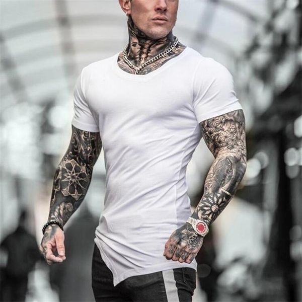 

brand summer fitness men cotton short sleeve t-shirt oblique v neck gyms clothing bodybuilding t shirt male slim tight tees 210324, White;black
