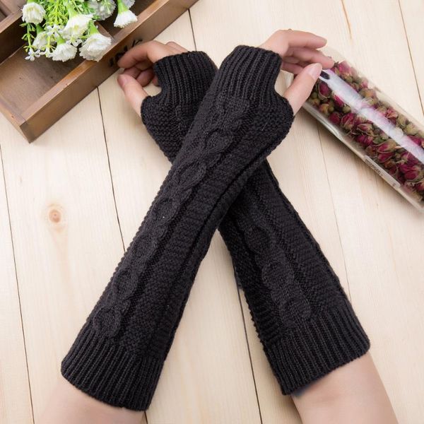 

five fingers gloves arrival women winter long knitted thick warm fingerless candy color mittens elastic soft arm warmers accessories, Blue;gray
