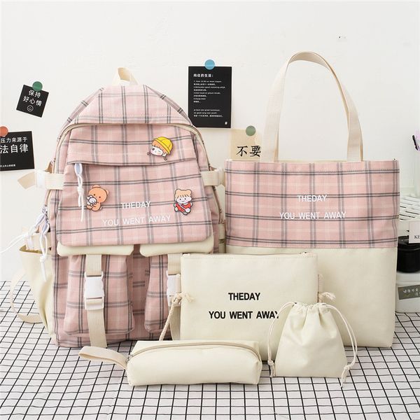 

schoolbag school campus new college version backpack korean student lattice the five-piece fresh small 2021 of female bag cstpc
