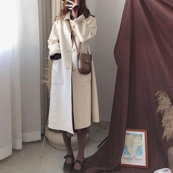 

women's trench coats woolen coat middle and long 2021 autumn winter small hepburn thickened korean version, Tan;black