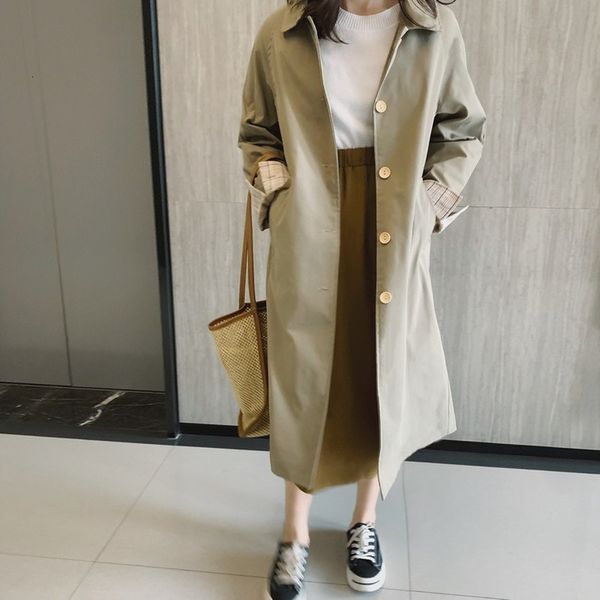 

coats autumn simple light retro cuff hit color single-breasted coat long women clothes nqab, Tan;black