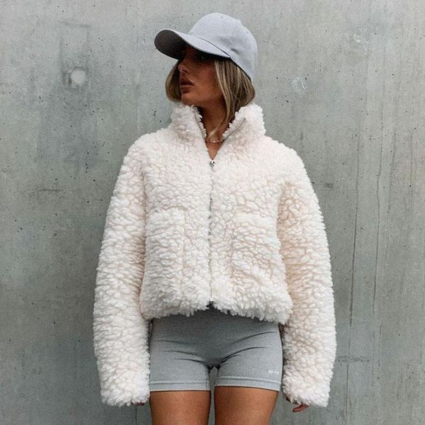 

women's fur & faux foridol fluffy winter short coat women casual thick autumn beige cozy khaki pockets jackets 2021 clothing, Black