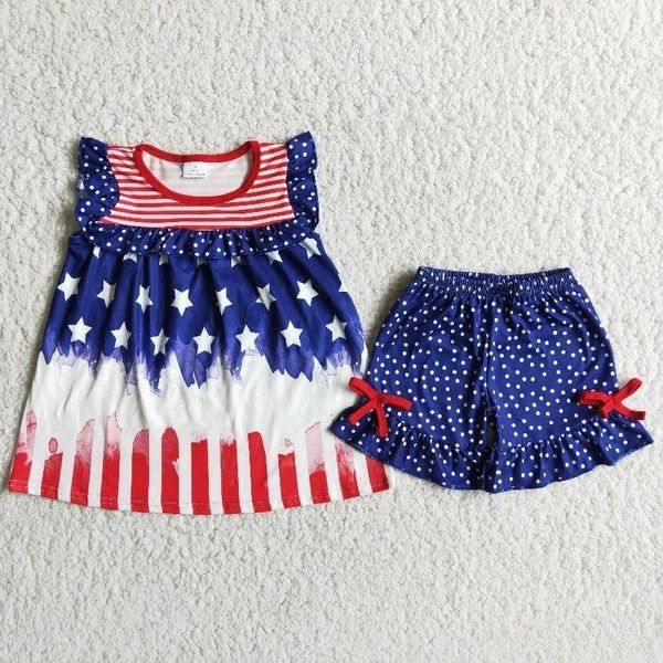 

wholesale boutique kid july 4th sets children short sleeve star striped shirt ruffle blue dots shorts baby girls summer clothes clothing, White