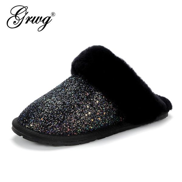 

natural sheepskin fur slippers fashion female winter women warm indoor soft wool lady home shoes, Black