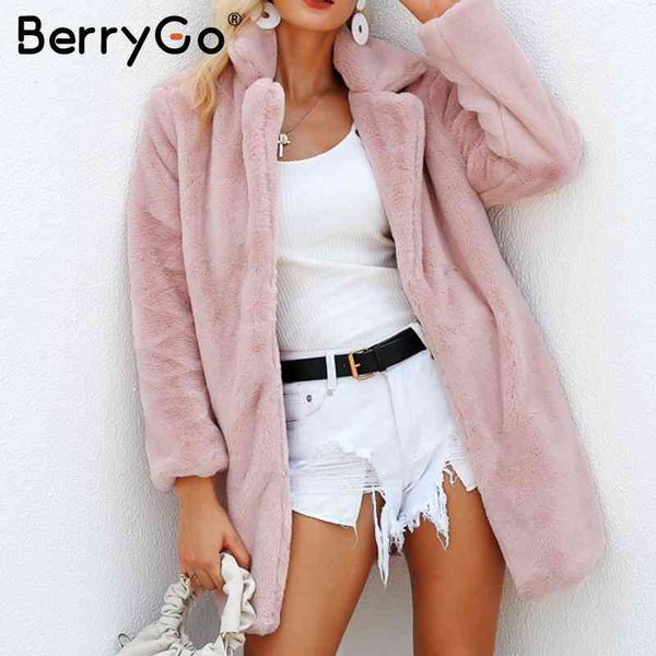

berrygo elegant faux fur coat women autumn winter warm soft female casual streetwear fashion party oversize 210513, Black