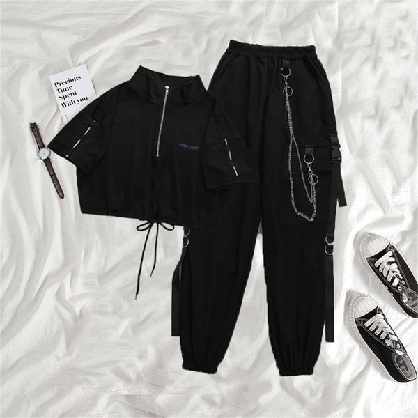 

houzhou gothic women black cargo pants harajuku punk chain trousers female hip hop mall goth streetwear techwear egirl grunge 210915, Black;white