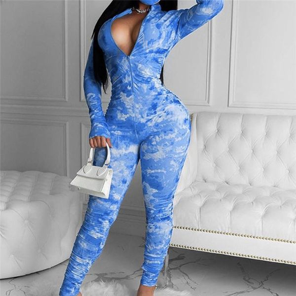 

women jumpsuit fashion zipper long sleeves o neck bodycon tie dye bodysuit female spring autumn pants rompers women's jumpsuits &, Black;white