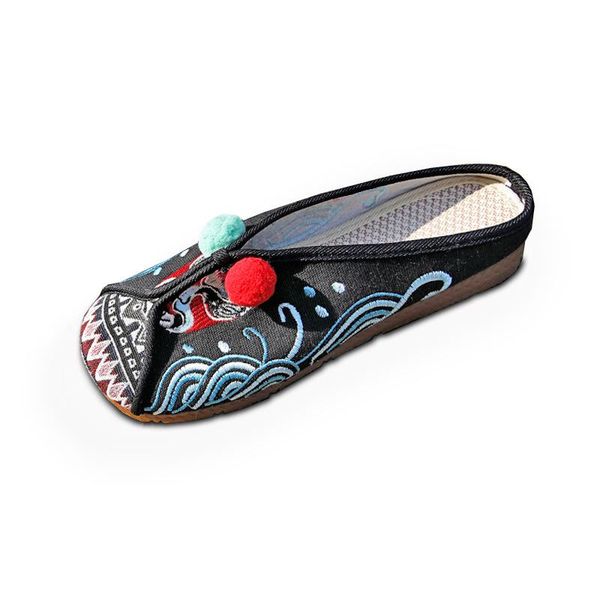 

yuan embroidery chinese embroidered women mules slippers summer autumn vintage ladies slip on flat shoes guanyu, Black