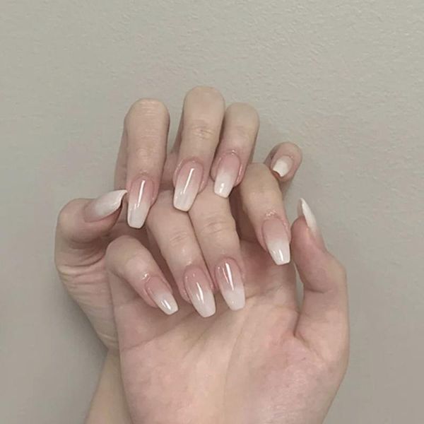 

false nails 24pcs/box artificial with glue white pink gradients long ballet nail stick fingernails fake tips full cover acrylic, Red;gold