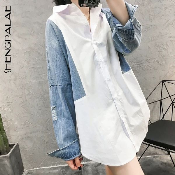 

women's blouses & shirts patchwork denim long sleeve women turn-down collar korean fashion spring loose female shirt fm1750 7f, White