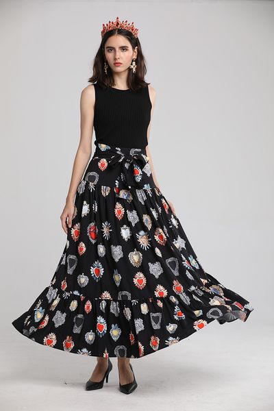 

skirts 2021 elegant spring skirt high-waisted woman print belt d790, Black