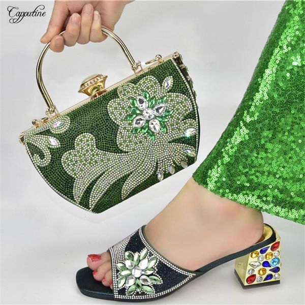 

dress shoes green woman high heels and bag set 2021 african ladies slippers pumps with purse handbag summer 938-9 height 6.5cm, Black