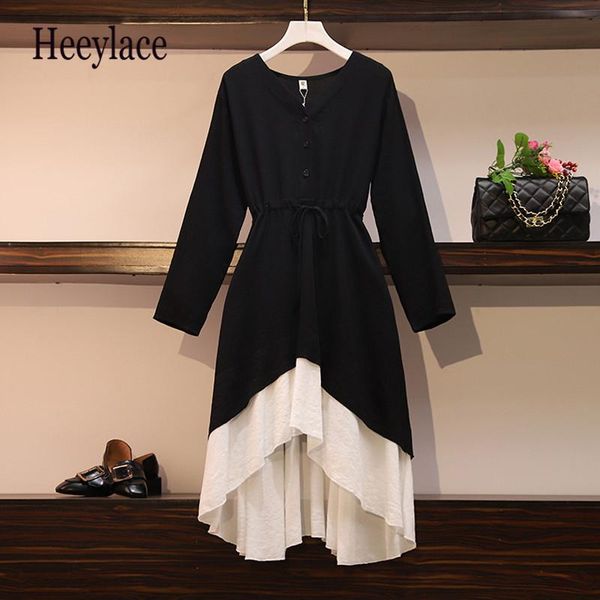 

casual dresses plus size office ladies black white patchwork irregular cotton women vintage spring long sleeve sash ruffles lady dress, Black;gray
