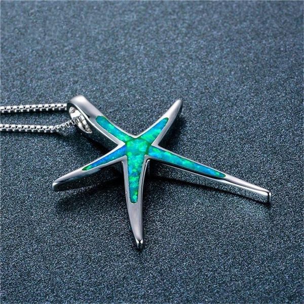 

pendant necklaces blue opal enamel starfish necklace chain collar ocean animal jewelry for women girl accessories, Silver