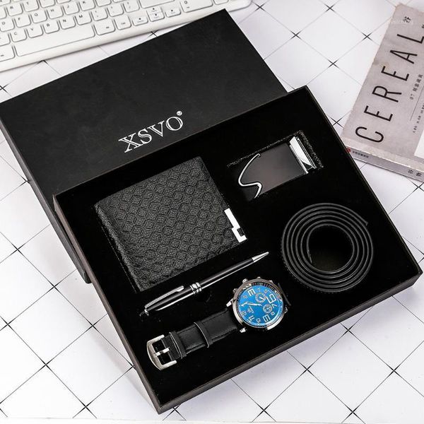 

wristwatches 4pcs/set boutique gift set belt+wallet+quartz watch+pen gifts preferred factory watch retro quartz waches men, Slivery;brown