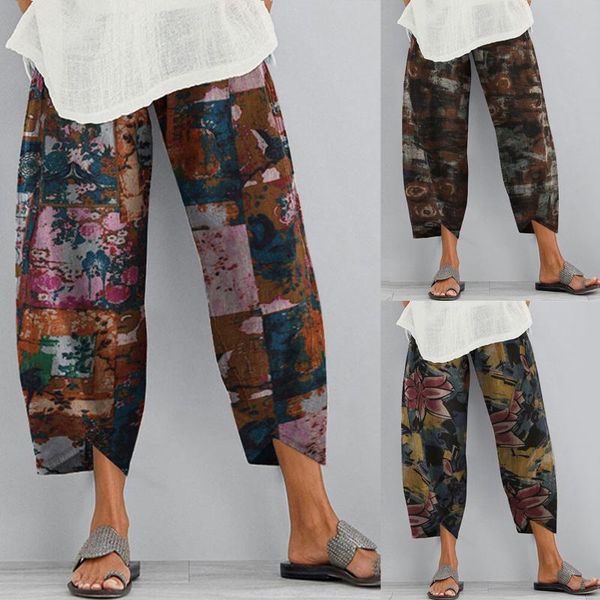 

women pants lady casual flowers print elastic waist wide leg trousers loose harem female boho ladies women's & capris, Black;white
