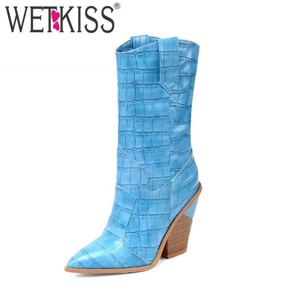 

wetkiss western mid-calf boots women cowboy boot winter shoes female high heels shoes ladies emboss pu shoes plus size 34-46 210630, Black